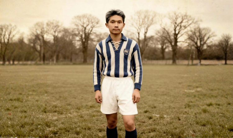 young college guy in BRC football uniform in a field